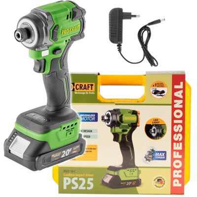 Procraft, Bohrmaschine + Akkuschrauber, PS25-1B-C Akku Schlagschrauber 20 V 230 Nm 1/4" Brushless + 1x Akku 2,0 Ah + Ladegerät + (Schlagschrauber) Procraft, Bohrmaschine + Akkuschrauber, PS25-1B-C Akku Schlagschrauber 20 V 230 Nm 1/4" Brushless + 1x Akku 2,0 Ah + Ladegerät + (Schlagschrauber)