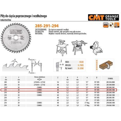 CMT, Sägeblatt, 285.040.10M Sägeblatt mit links/rechts Zähnen 250 x 30 x 40T CMT, Sägeblatt, 285.040.10M Sägeblatt mit links/rechts Zähnen 250 x 30 x 40T