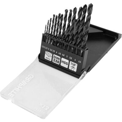 Graphite, Bohrereinsatz, HSS-Metallbohrer, 1,5 - 6,5 mm, Satz mit 13 Stück. (6,5 Millimeter) Graphite, Bohrereinsatz, HSS-Metallbohrer, 1,5 - 6,5 mm, Satz mit 13 Stück. (6,5 Millimeter)