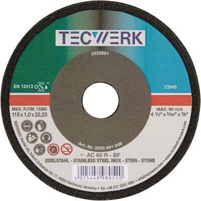 Tecwerk, Sägeblatt, Trennscheibe D115x1mm gerade Stahl / Stein Bohrung 22,23 mm Tecwerk, Sägeblatt, Trennscheibe D115x1mm gerade Stahl / Stein Bohrung 22,23 mm