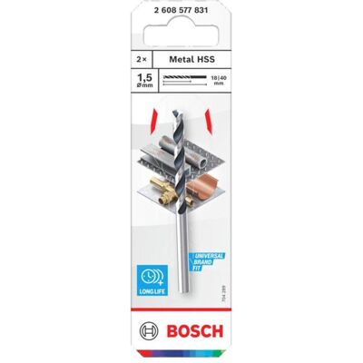 Bosch Professional Zubehör, Bohrereinsatz, Metal HSS CYL PointTeQ Spiralbohrer, 1,5x18x40mm, 2-tlg. (1,5 Millimeter) Bosch Professional Zubehör, Bohrereinsatz, Metal HSS CYL PointTeQ Spiralbohrer, 1,5x18x40mm, 2-tlg. (1,5 Millimeter)