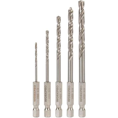 Workpro, Bits, Hex shank drill bits ¼ in. for metal, ground, ø2.00 - ø6.00 mm, 5-piece set Workpro, Bits, Hex shank drill bits ¼ in. for metal, ground, ø2.00 - ø6.00 mm, 5-piece set