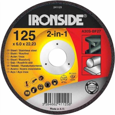 Ironside, Schleifmittel, Schruppscheibe für Metall 125/6mm gekröpft, Bohrung 22 mm Ironside, Schleifmittel, Schruppscheibe für Metall 125/6mm gekröpft, Bohrung 22 mm