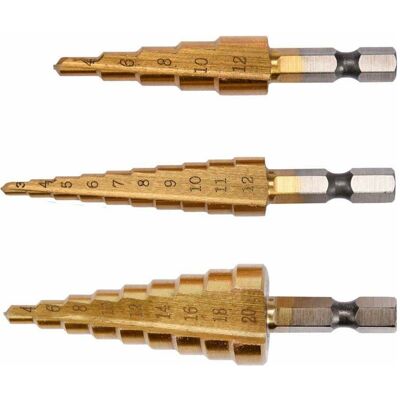 Yato, Bohrereinsatz, Metall Stufenbohrer Set 3-teilig, 3-20 mm, titanbeschichtet, HSS Stahl (YT-44731) (3-12mm, 4-12mm, 4-20mm) Yato, Bohrereinsatz, Metall Stufenbohrer Set 3-teilig, 3-20 mm, titanbeschichtet, HSS Stahl (YT-44731) (3-12mm, 4-12mm, 4-20mm)