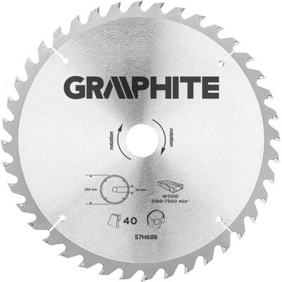 Graphite, Sägeblatt, Graphit-Kreissägeblatt 255x30mm 40 Zähne 57H686 Graphite, Sägeblatt, Graphit-Kreissägeblatt 255x30mm 40 Zähne 57H686