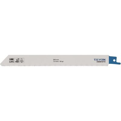 Tecwerk, Sägeblatt, Säbelsägeblatt Länge 200 mm Breite 19 mm Zahnteilung TPI 18 1,4 mm gefräst, gewellt Tecwerk, Sägeblatt, Säbelsägeblatt Länge 200 mm Breite 19 mm Zahnteilung TPI 18 1,4 mm gefräst, gewellt