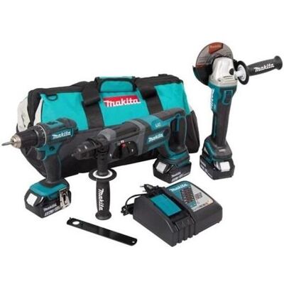 Makita DLX3078TX1 Elektrowerkzeug-Set - 125mm 18V Akku-Winkelschleifer, Bohrhammer, Schrauber, 3 Akkus Makita DLX3078TX1 Elektrowerkzeug-Set - 125mm 18V Akku-Winkelschleifer, Bohrhammer, Schrauber, 3 Akkus