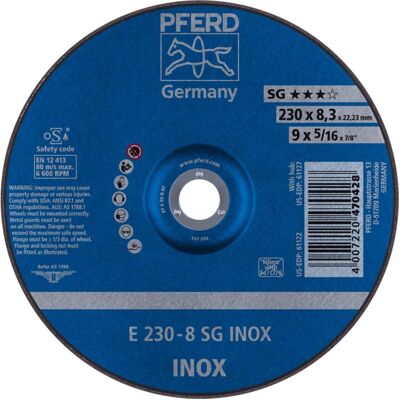 Pferd, Schleifmittel, Schruppscheibe SG INOX D230xS8,3mm E / 27 / T27 INOX Bohrung 22,23 mm (27, E, T27) Pferd, Schleifmittel, Schruppscheibe SG INOX D230xS8,3mm E / 27 / T27 INOX Bohrung 22,23 mm (27, E, T27)