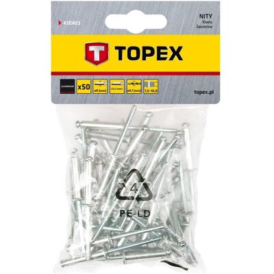 Topex, Nieten, Aluminiumnieten 4,0 x 12,5 mm, 50 Stück. Topex, Nieten, Aluminiumnieten 4,0 x 12,5 mm, 50 Stück.