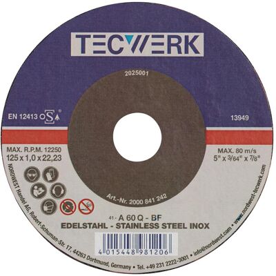 Tecwerk, Sägeblatt, Trennscheibe INOX D115x1,5mm gerade INOX Bohrung 22,23 mm Tecwerk, Sägeblatt, Trennscheibe INOX D115x1,5mm gerade INOX Bohrung 22,23 mm