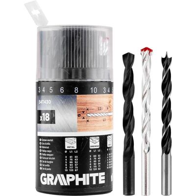 Graphite, Bohrereinsatz, Satz Bohrer für Metall, Holz, Ziegel: 3, 4, 5, 6, 8, 10 mm, 18 Stück. (10 Millimeter, 3 Millimeter, 4 Millimeter, 5 Millimeter, 6 Millimeter, 8 Millimeter) Graphite, Bohrereinsatz, Satz Bohrer für Metall, Holz, Ziegel: 3, 4, 5, 6, 8, 10 mm, 18 Stück. (10 Millimeter, 3 Millimeter, 4 Millimeter, 5 Millimeter, 6 Millimeter, 8 Millimeter)