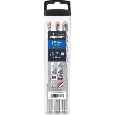 Alpen, Bohrereinsatz, SDS+ F4 Box 3 tlg. 6-7-10x 160 (10 Millimeter, 6 Millimeter, 7 Millimeter) Alpen, Bohrereinsatz, SDS+ F4 Box 3 tlg. 6-7-10x 160 (10 Millimeter, 6 Millimeter, 7 Millimeter)