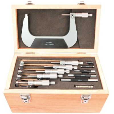 Elmag, Messuhr + Messschraube, - Präzisionsbügelmessschrauben-Set 6-tlg. Ablesung 0,01mm, HM-Messflächen0-150mm, 6-teilig Elmag, Messuhr + Messschraube, - Präzisionsbügelmessschrauben-Set 6-tlg. Ablesung 0,01mm, HM-Messflächen0-150mm, 6-teilig