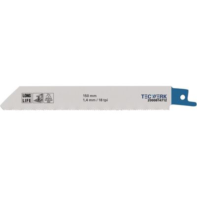 Tecwerk, Sägeblatt, Säbelsägeblatt Länge 150 mm Breite 19 mm Zahnteilung TPI 18 1,4 mm gefräst, gewellt Tecwerk, Sägeblatt, Säbelsägeblatt Länge 150 mm Breite 19 mm Zahnteilung TPI 18 1,4 mm gefräst, gewellt