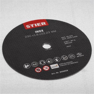 Stier, Sägeblatt, Trennscheibe 230 x 1,9 x 22,23 gerade Inox/Edelstahl Stier, Sägeblatt, Trennscheibe 230 x 1,9 x 22,23 gerade Inox/Edelstahl