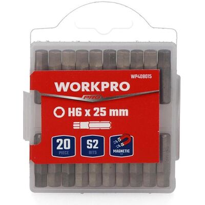 Workpro, Bits, Magnetic hexagonal bits h6 x 25 mm, s2 steel, 20 units (Innensechskant) Workpro, Bits, Magnetic hexagonal bits h6 x 25 mm, s2 steel, 20 units (Innensechskant)
