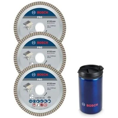 Bosch Professional Zubehör, Sägeblatt, Blau Zubehör 0615997670 PRO Diamond Radsatz 125 mm 3 Stück mit Thermosbecher Bosch Professional Zubehör, Sägeblatt, Blau Zubehör 0615997670 PRO Diamond Radsatz 125 mm 3 Stück mit Thermosbecher