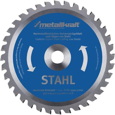 Metallkraft, Sägeblatt, Metallkreissägeblatt Stahl Sägeblatt-Ø 355 mm Breite 2,4 mm HM Bohrungs-Ø 25,4 mm Z.80 Metallkraft, Sägeblatt, Metallkreissägeblatt Stahl Sägeblatt-Ø 355 mm Breite 2,4 mm HM Bohrungs-Ø 25,4 mm Z.80