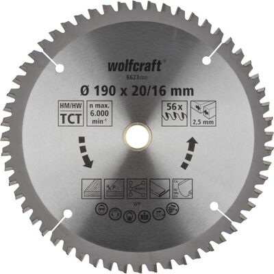 wolfcraft, Sägeblatt, 1 Kreissägeblatt HM 56 Z. ø190x20/16 mm wolfcraft, Sägeblatt, 1 Kreissägeblatt HM 56 Z. ø190x20/16 mm