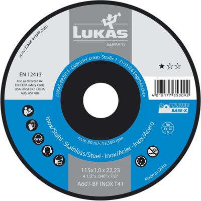 Lukas, Sägeblatt, Trennscheibe Base-X* gerade Form 115 x 1,0 x 22,23 mm Lukas, Sägeblatt, Trennscheibe Base-X* gerade Form 115 x 1,0 x 22,23 mm
