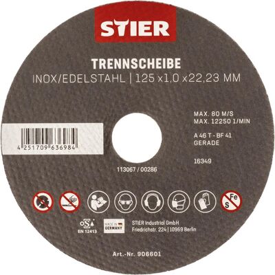 Stier, Sägeblatt, Trennscheibe Edelstahl 125 x 1,0 x 22,23 mm, Form gerade Stier, Sägeblatt, Trennscheibe Edelstahl 125 x 1,0 x 22,23 mm, Form gerade