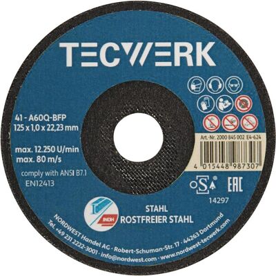 Tecwerk, Sägeblatt, Premium-Trennscheibe 2in1 D125x1mm gerade INOX/Stahl Bohrung 22,23 mm Tecwerk, Sägeblatt, Premium-Trennscheibe 2in1 D125x1mm gerade INOX/Stahl Bohrung 22,23 mm