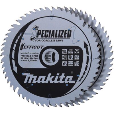 Makita, Sägeblatt, B-57336-2 HM-Säge für Holz/MDF/Laminat 165X1,45X20mm 23° T56 EFFICUT 2 Stck. Makita, Sägeblatt, B-57336-2 HM-Säge für Holz/MDF/Laminat 165X1,45X20mm 23° T56 EFFICUT 2 Stck.