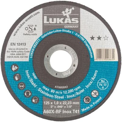 Lukas, Sägeblatt, 10x Trennscheiben in Dose T41 für Edelstahl 125x1mm gerade Lukas, Sägeblatt, 10x Trennscheiben in Dose T41 für Edelstahl 125x1mm gerade