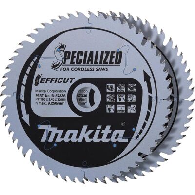 Makita, Sägeblatt, B-57336-2 HM-Säge für Holz/MDF/Laminat 165X1,45X20mm 23° T56 EFFICUT 2 Stck. Makita, Sägeblatt, B-57336-2 HM-Säge für Holz/MDF/Laminat 165X1,45X20mm 23° T56 EFFICUT 2 Stck.