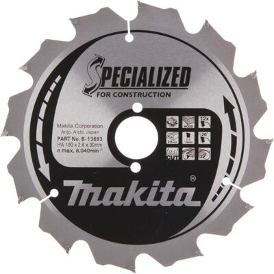 Makita, Sägeblatt, B-13683 TCT-Säge 190X2.6X30mm 20° T12 SPEZIELL für den Bau Makita, Sägeblatt, B-13683 TCT-Säge 190X2.6X30mm 20° T12 SPEZIELL für den Bau