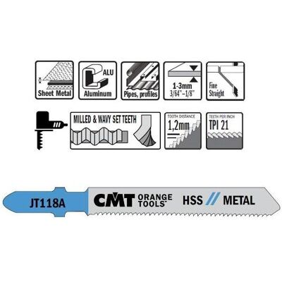 CMT, Sägeblatt, JT118A-5 Stichsägeblätter HSS T-Cut Metall 5 Stück CMT, Sägeblatt, JT118A-5 Stichsägeblätter HSS T-Cut Metall 5 Stück