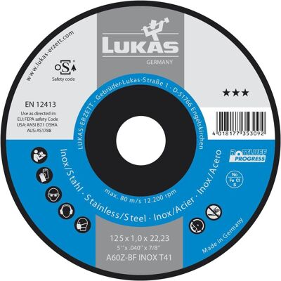Lukas 125 x 1,0 x 22,23 mm Trennscheibe - Stahl & Edelstahl Lukas 125 x 1,0 x 22,23 mm Trennscheibe - Stahl & Edelstahl
