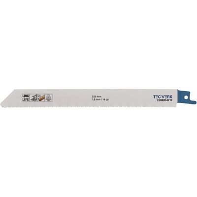 Tecwerk, Sägeblatt, Säbelsägeblatt Länge 200 mm Breite 19 mm Zahnteilung TPI 14 1,8 mm gefräst, gewellt Tecwerk, Sägeblatt, Säbelsägeblatt Länge 200 mm Breite 19 mm Zahnteilung TPI 14 1,8 mm gefräst, gewellt