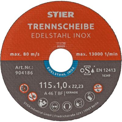 Stier, Sägeblatt, Trennscheibe / Flexscheibe 115 x 1,0 x 22,23 mm gerade Inox / Edelstahl Stier, Sägeblatt, Trennscheibe / Flexscheibe 115 x 1,0 x 22,23 mm gerade Inox / Edelstahl
