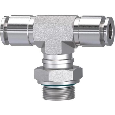 Riegler, Schlauchanschluss + Schlauchverbinder, T-Steckverschraubung, drehbar, G 1/8 a., Schlauch-Ø 8, ES 1.4404 Riegler, Schlauchanschluss + Schlauchverbinder, T-Steckverschraubung, drehbar, G 1/8 a., Schlauch-Ø 8, ES 1.4404