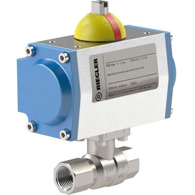 Riegler, Schlauchanschluss + Schlauchverbinder, Messingkugelhahn, pneumat. Stellantrieb doppeltwirk., Rp1/2 L=116 (15 mm) Riegler, Schlauchanschluss + Schlauchverbinder, Messingkugelhahn, pneumat. Stellantrieb doppeltwirk., Rp1/2 L=116 (15 mm)