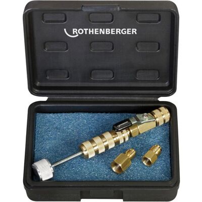 Rothenberger Schraderventil-Werkzeug 1/4" + 5/16", Ventilwechsel im Betrieb, für R410A und R32, Klimaanlage Zubehör, Grün Rothenberger Schraderventil-Werkzeug 1/4" + 5/16", Ventilwechsel im Betrieb, für R410A und R32, Klimaanlage Zubehör, Grün