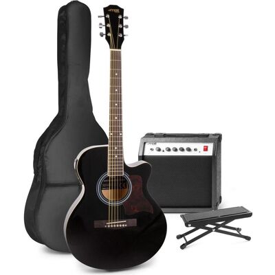 Max Elektrische Akustikgitarre - Showkit -Gitarren -Set mit 40W -Gitarrenverstärker, Gitarrenfusssche (Ahorn, Lindenholz), Gitarre, Schwarz Max Elektrische Akustikgitarre - Showkit -Gitarren -Set mit 40W -Gitarrenverstärker, Gitarrenfusssche (Ahorn, Lindenholz), Gitarre, Schwarz