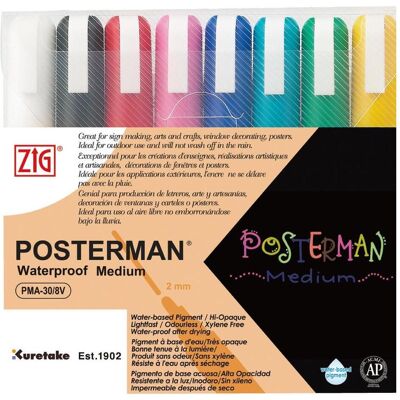 Zig, Marker, POSTERMAN Medium, Black, Blue, Green, Light Blue, Pink, Red, White, Yellow, Odorless, 8 pc(s) (8x) Zig, Marker, POSTERMAN Medium, Black, Blue, Green, Light Blue, Pink, Red, White, Yellow, Odorless, 8 pc(s) (8x)