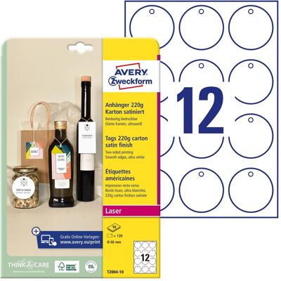 Avery Etiketten, Zweckform Anhänger, Karton, 220 g/qm, Durchm: 60 mm rund, weiss, satiniert, absolut glatte Kanten, b Avery Etiketten, Zweckform Anhänger, Karton, 220 g/qm, Durchm: 60 mm rund, weiss, satiniert, absolut glatte Kanten, b