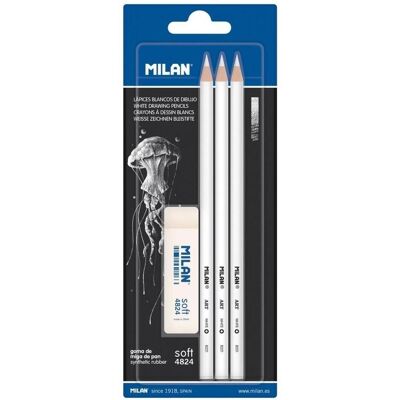 Milan, Bleistift, Weisser Kohlestift, 3 Stück + Radiergummi (4 mm, 3x) Milan, Bleistift, Weisser Kohlestift, 3 Stück + Radiergummi (4 mm, 3x)