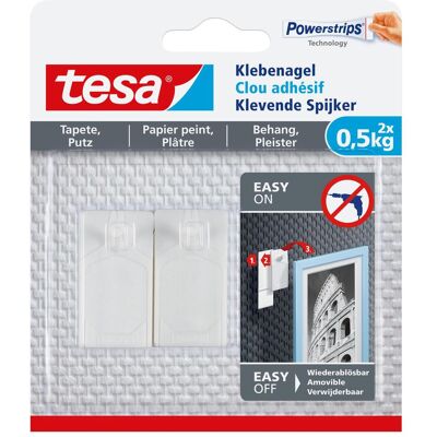 tesa, Klebehaken + Klebenagel, Klebenagel für Tapete & Putz, 0,5kg Halteleistung, spurlos ablösbar & wiederverwendbar, 2 Nägel tesa, Klebehaken + Klebenagel, Klebenagel für Tapete & Putz, 0,5kg Halteleistung, spurlos ablösbar & wiederverwendbar, 2 Nägel