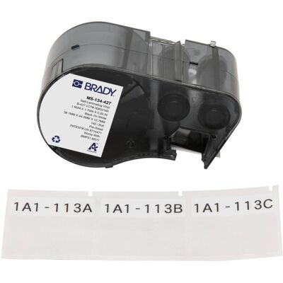 Brady, Etikettenrolle, M5-134-427, selbstlaminierendes Vinyl, Schwarz auf weiss/Transparent, 44.45 x 12.70(38.10) mm (70 mm) Brady, Etikettenrolle, M5-134-427, selbstlaminierendes Vinyl, Schwarz auf weiss/Transparent, 44.45 x 12.70(38.10) mm (70 mm)