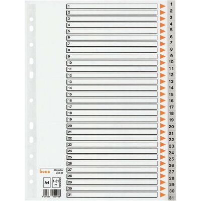 Bene, Ordner Zubehör, Ordnerregister Vollformat 1-31 grau 31-teilig, 1 Satz Bene, Ordner Zubehör, Ordnerregister Vollformat 1-31 grau 31-teilig, 1 Satz