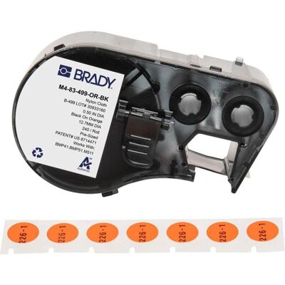 Brady, Etikettenrolle, M4-83-499-OR-BK, Nylongewebe, Schwarz auf Orange, Deckeletikett 12.70 mm rund, permanent (24 Brady, Etikettenrolle, M4-83-499-OR-BK, Nylongewebe, Schwarz auf Orange, Deckeletikett 12.70 mm rund, permanent (24
