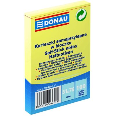 Donau, Haftnotiz, Selbstklebeblock, 51x76mm, 1x100 blatt, hellgelb (76 x 51 mm) Donau, Haftnotiz, Selbstklebeblock, 51x76mm, 1x100 blatt, hellgelb (76 x 51 mm)