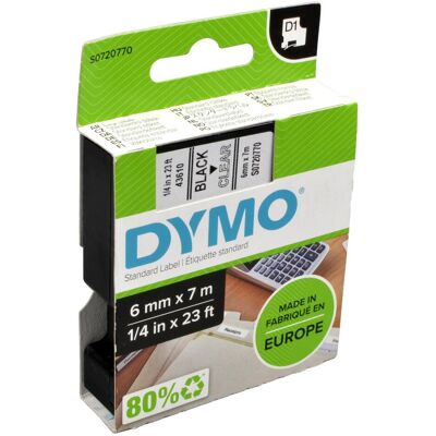 Dymo Beschriftungsband, D1 Schriftband 43610 6mmx7.0m schwarz->transp. (0.60 cm, Schwarz, Transparent) Dymo Beschriftungsband, D1 Schriftband 43610 6mmx7.0m schwarz->transp. (0.60 cm, Schwarz, Transparent)