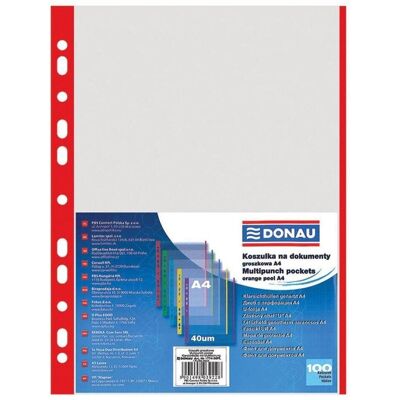 Donau, Mappe, Hüllen für Dokumente PP, A4, Kristall, 40 Mikron, farbiger Rand – rot, 100 Stück. (A4, 100x) Donau, Mappe, Hüllen für Dokumente PP, A4, Kristall, 40 Mikron, farbiger Rand – rot, 100 Stück. (A4, 100x)