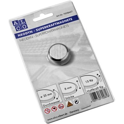 Alco, Magnet, Superkraftmagnet, silber gebürstet 25mm (1x) Alco, Magnet, Superkraftmagnet, silber gebürstet 25mm (1x)