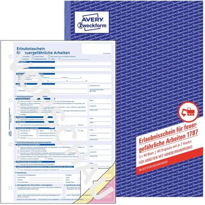 Avery Formular, Erlaubnisschein feuergefährliche Arbeiten DIN A4 selbstdurchschreibend 2 Durchschläge 3 x 40 Bl. (40x) Avery Formular, Erlaubnisschein feuergefährliche Arbeiten DIN A4 selbstdurchschreibend 2 Durchschläge 3 x 40 Bl. (40x)
